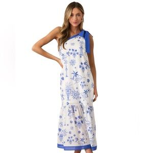 Mediterranean Dream Tropical Blue One Shoulder Midi Dress -NWT